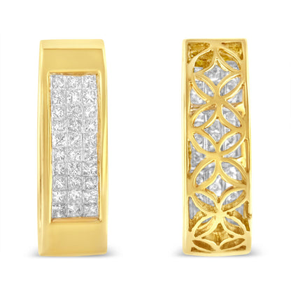 Front and back views of a yellow necklace with a rectangular section featuring white princess cut gemstones in an invisible setting and an intricate floral cutout pattern on the reverse side.