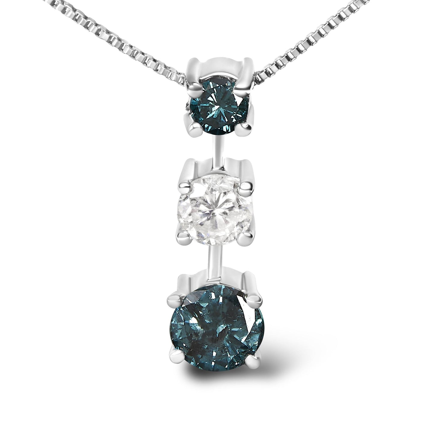 Close-up front view of a white metal necklace pendant featuring three round prong-set gemstones: one white gemstone in the center and two blue gemstones above and below it.
