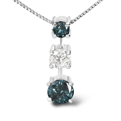 Close-up front view of a white metal necklace pendant featuring three round prong-set gemstones: one white gemstone in the center and two blue gemstones above and below it.