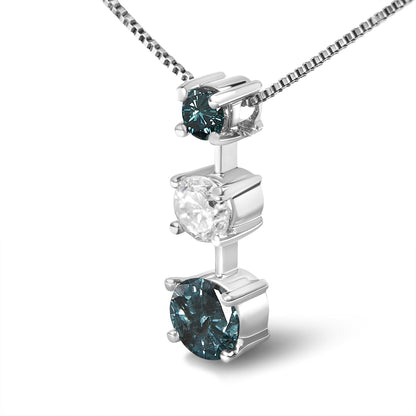 Close-up front angle of a white necklace pendant with a vertical design featuring two blue round gemstones and one white round gemstone, all in prong settings, on a box chain.