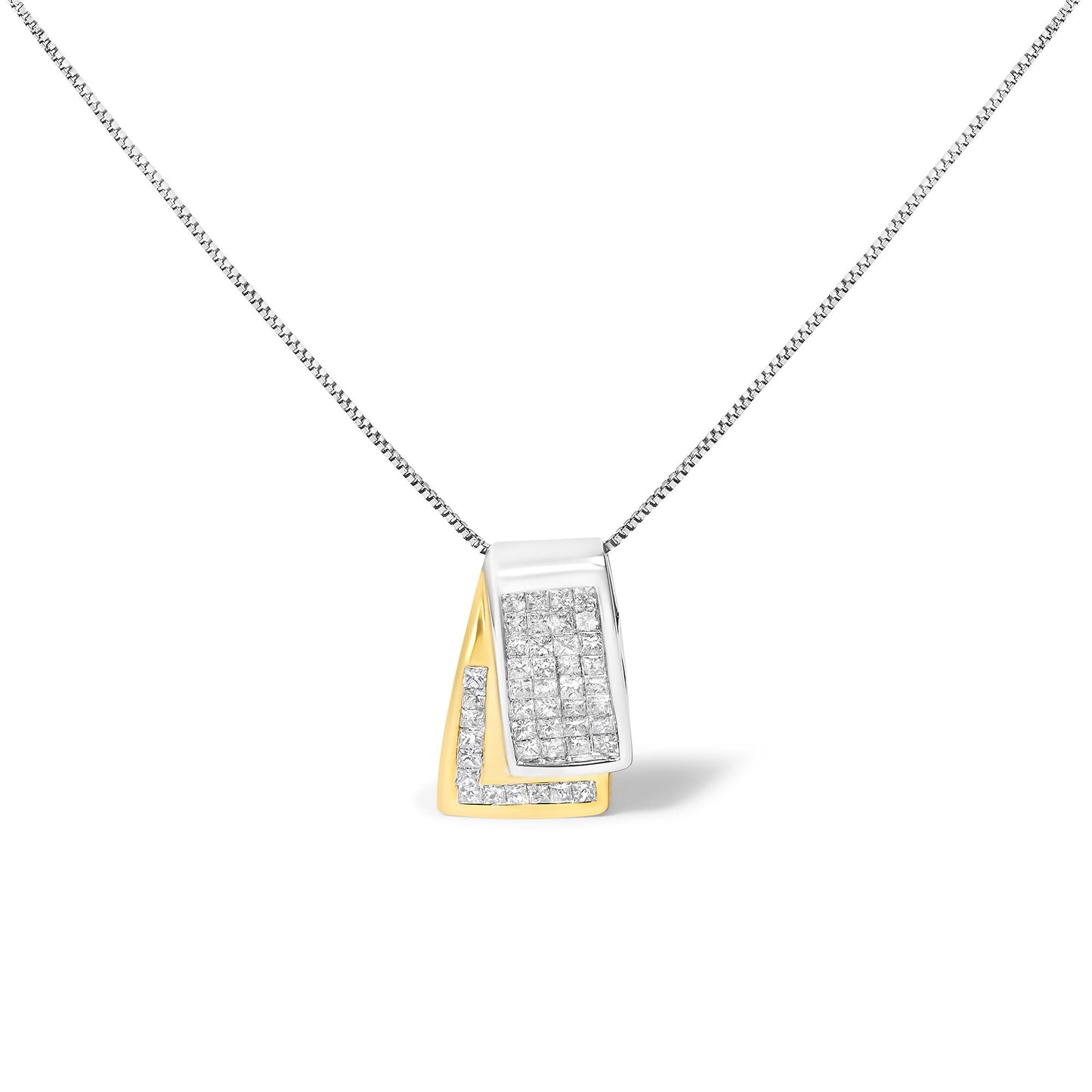 Front view of a two-tone necklace pendant with white and yellow metal featuring multiple small white gemstones in a geometric design, hanging from a white metal chain.