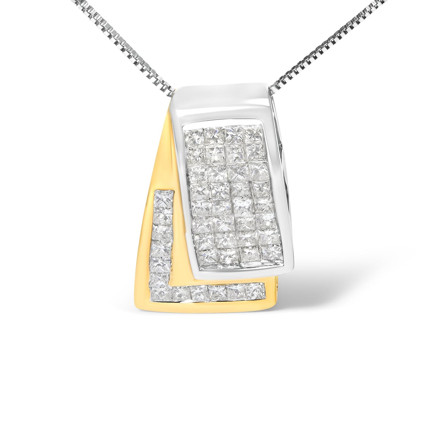 Close-up front view of a two-tone necklace pendant with yellow and white metal, featuring multiple princess-cut white gemstones in an invisible setting.