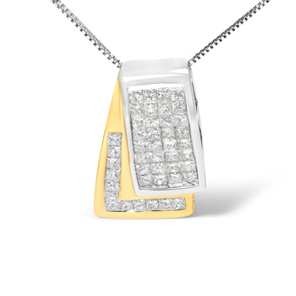 Close-up front view of a two-tone necklace pendant with yellow and white metal, featuring multiple princess-cut white gemstones in an invisible setting.