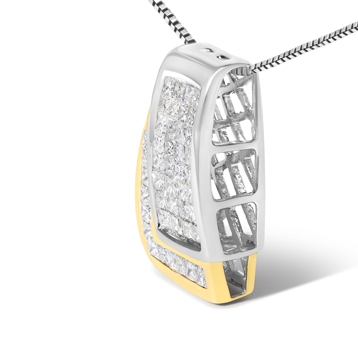 Close-up angled view of a yellow and white metal necklace pendant with multiple princess-shaped white gemstones in invisible settings.