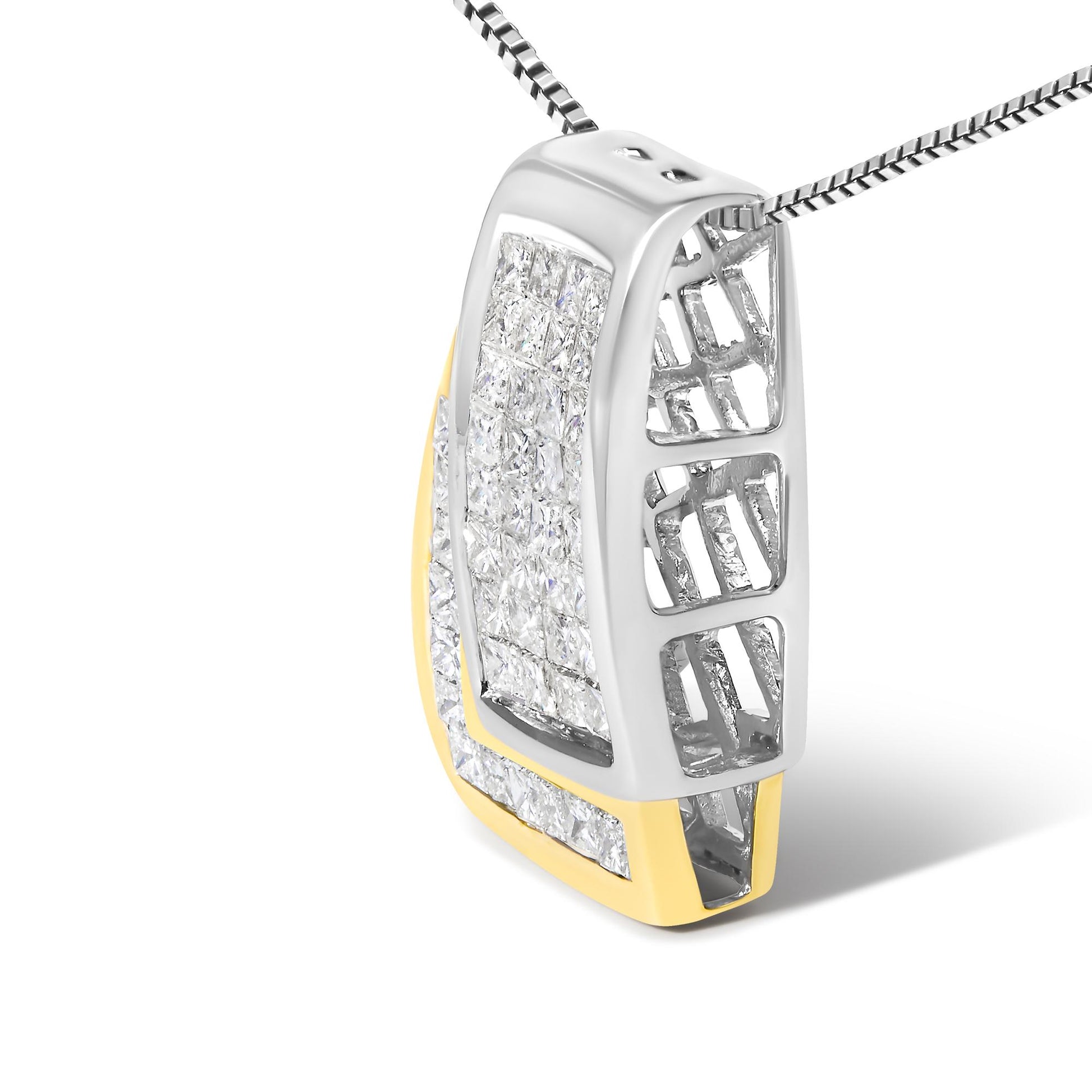 Close-up angled view of a yellow and white metal necklace pendant with multiple princess-shaped white gemstones in invisible settings.