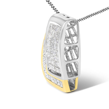 Close-up angled view of a yellow and white metal necklace pendant with multiple princess-shaped white gemstones in invisible settings.