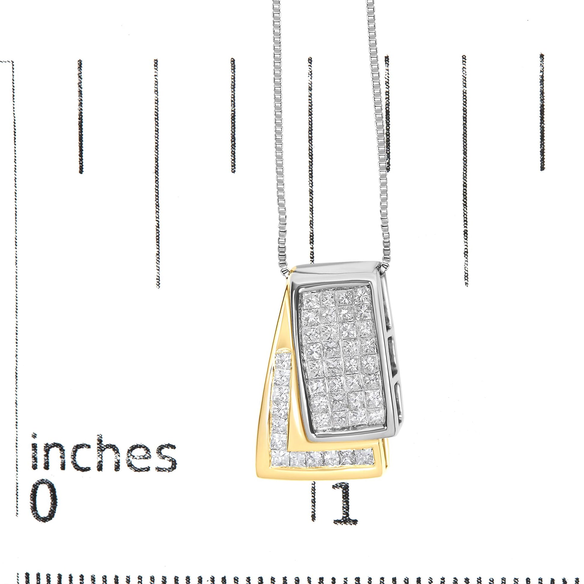 Close-up front view of a two-tone necklace pendant with yellow and white tones, featuring rectangular shapes adorned with white gemstones, photographed on a ruler for size reference.