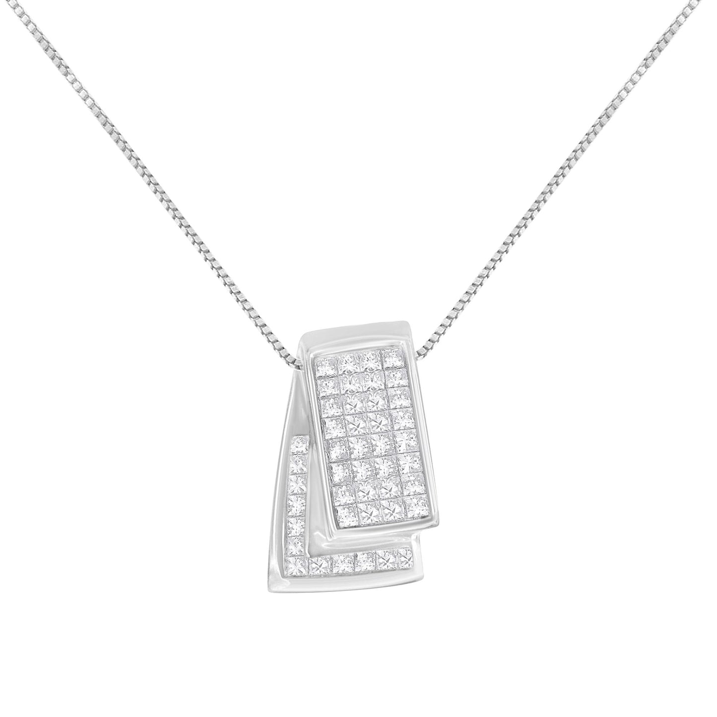 Front angled view of a white necklace with two overlapping rectangular pendants, both set with multiple white gemstones in an invisible setting.