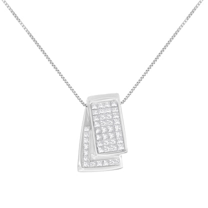 Front angled view of a white necklace with two overlapping rectangular pendants, both set with multiple white gemstones in an invisible setting.