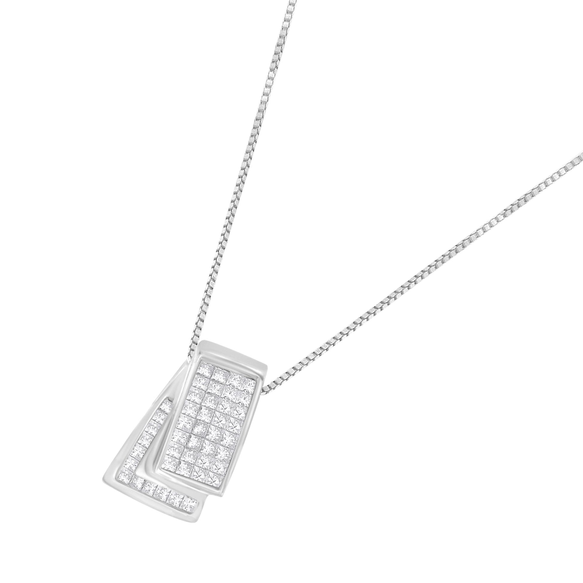 Close-up of a white metal necklace with two overlapping rectangular pendants featuring rows of white princess-shaped gemstones in invisible settings, photographed at a slight angle.