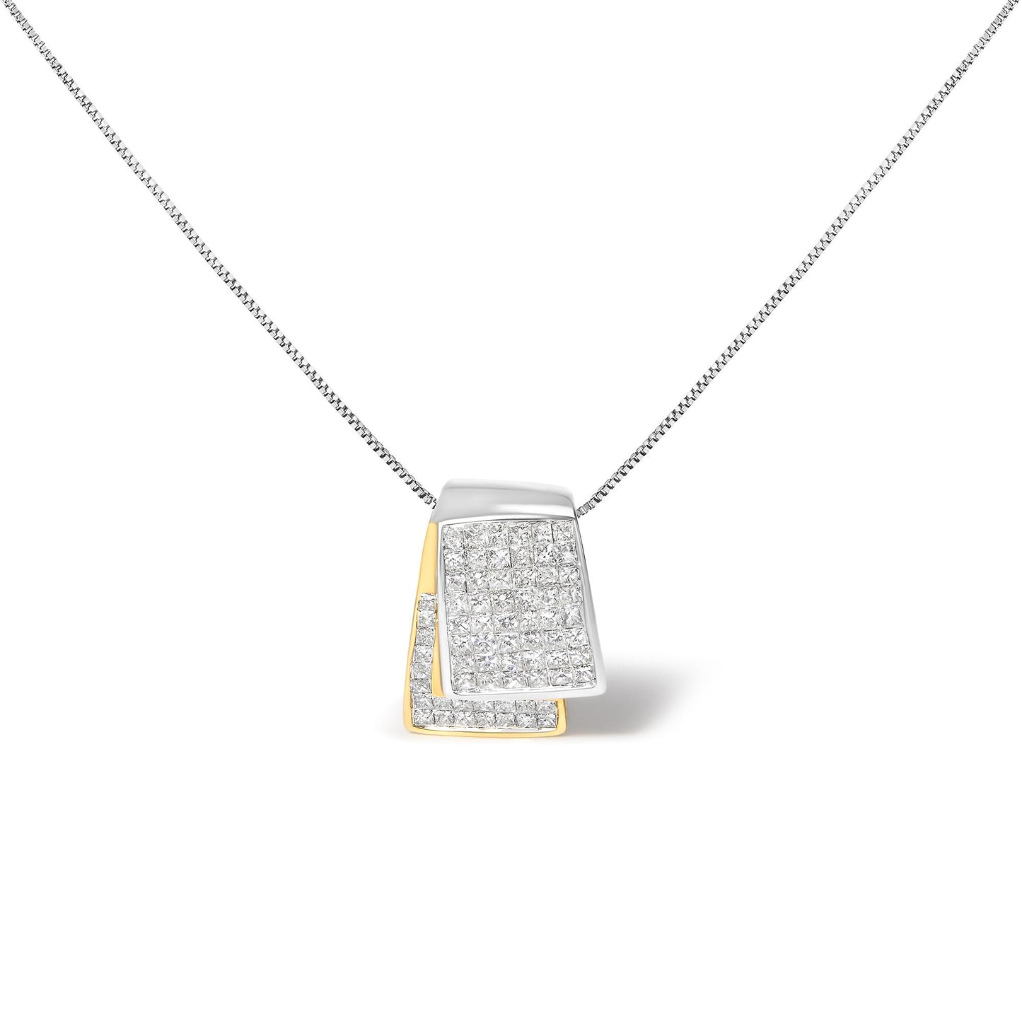 Front view of a two-tone necklace pendant with overlapping rectangular shapes, featuring white gemstones in an invisible setting.