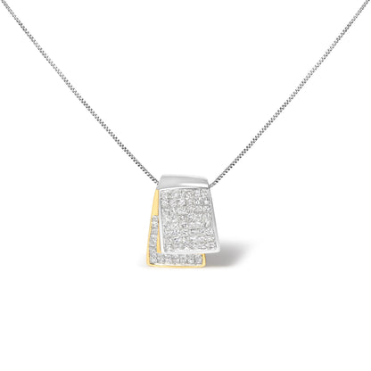 Front view of a two-tone necklace pendant with overlapping rectangular shapes, featuring white gemstones in an invisible setting.