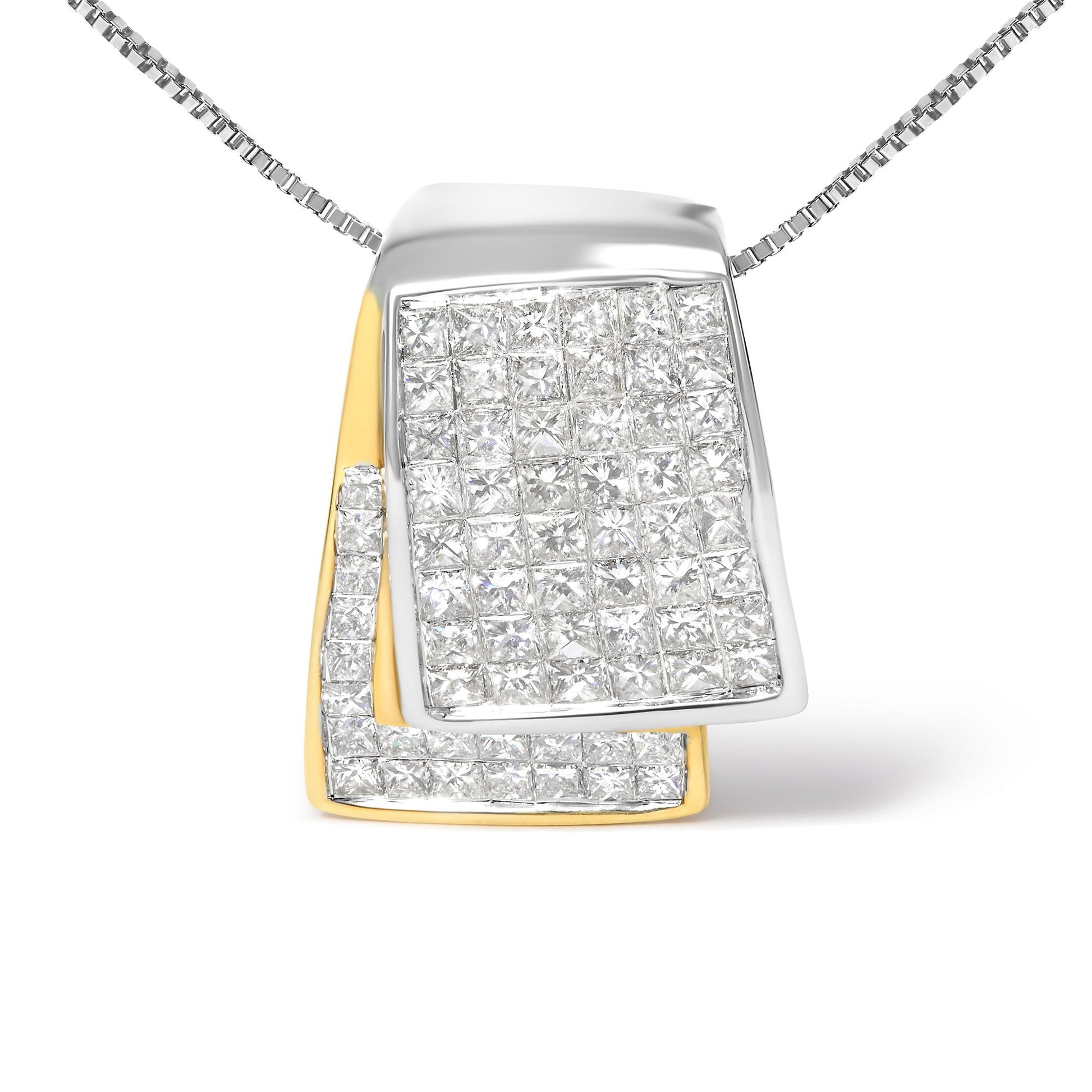 Close-up front view of a two-tone necklace pendant featuring overlapping square shapes, one in yellow metal with a border of white gemstones and the other in white metal fully paved with white gemstones.