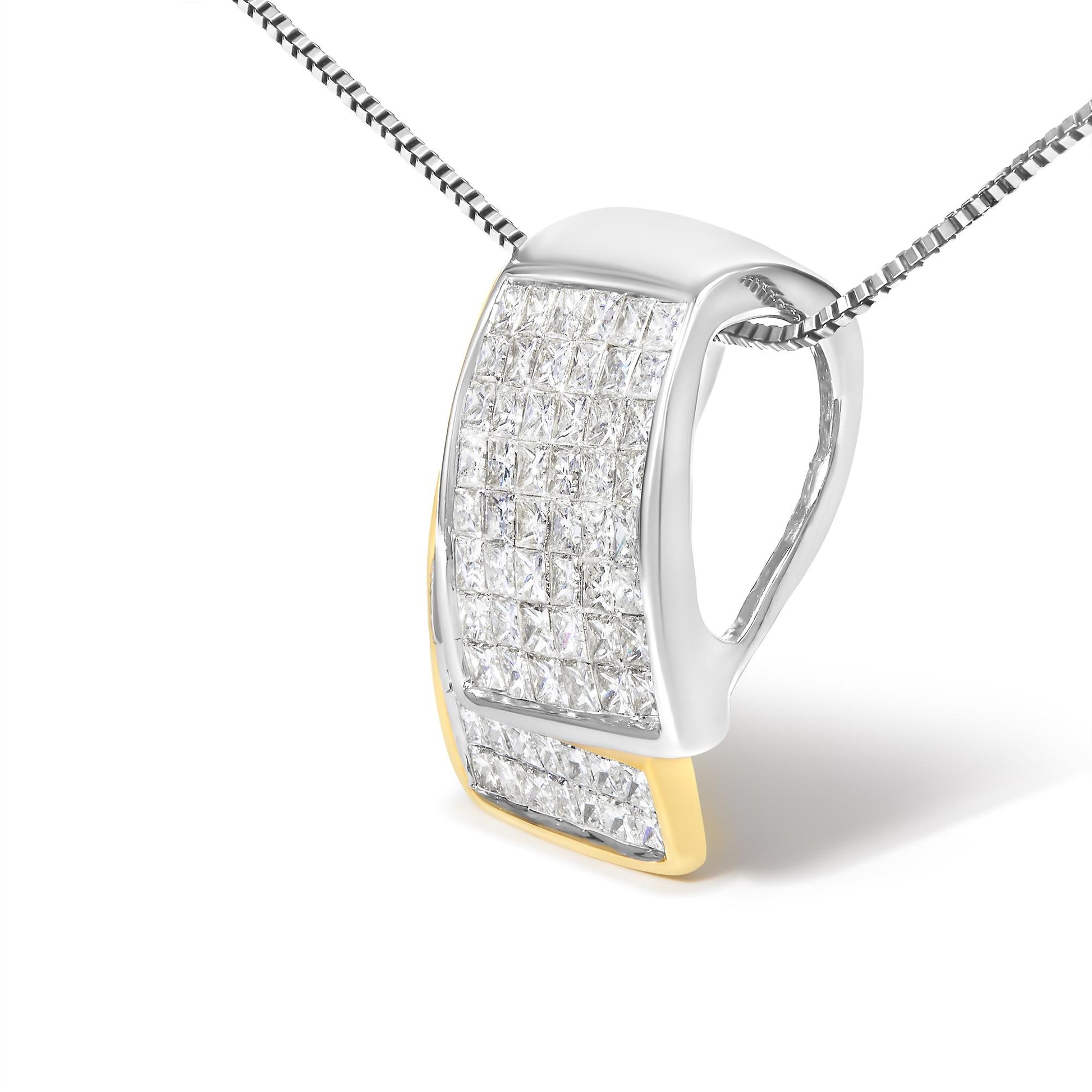 Close-up angled view of a necklace pendant featuring a curved design with yellow and white metal, adorned with multiple princess-shaped white gemstones in an invisible setting.