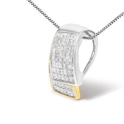 Close-up angled view of a necklace pendant featuring a curved design with yellow and white metal, adorned with multiple princess-shaped white gemstones in an invisible setting.