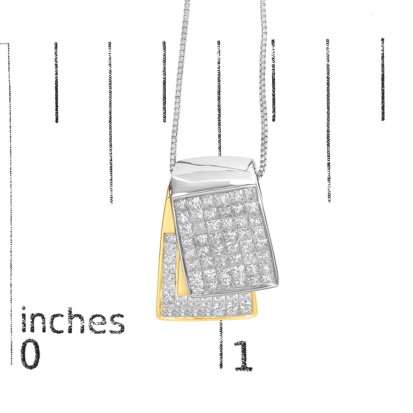 Close-up front view of a yellow and white metal necklace pendant with two overlapping rectangular sections, each inset with multiple white princess-cut gemstones, on a chain, displayed on a ruler for size reference.
