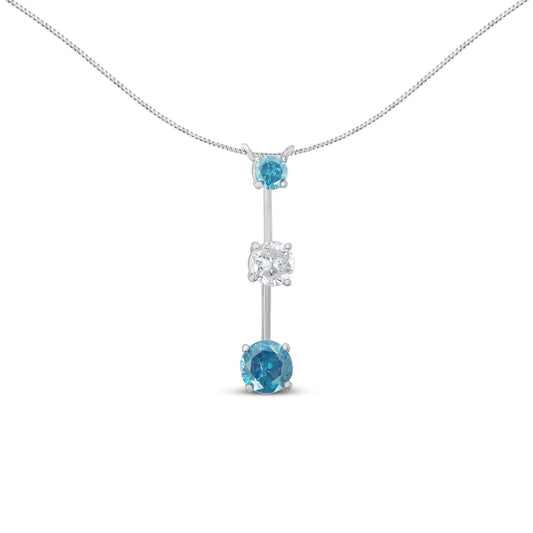 Front view of a white metal necklace with a vertical pendant featuring one white gemstone and two blue gemstones in prong settings.
