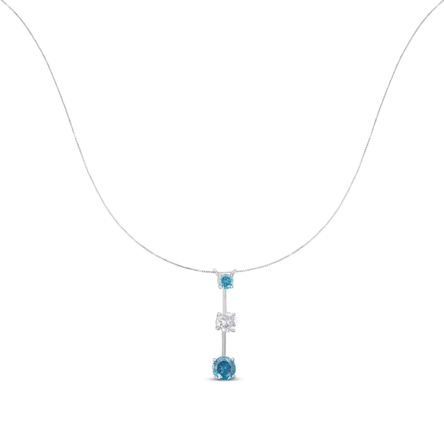 Front view of a white metal necklace with a vertical pendant featuring one white round gemstone between two blue round gemstones, all in prong settings.