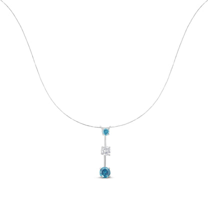 Front view of a white metal necklace with a vertical pendant featuring one white round gemstone between two blue round gemstones, all in prong settings.