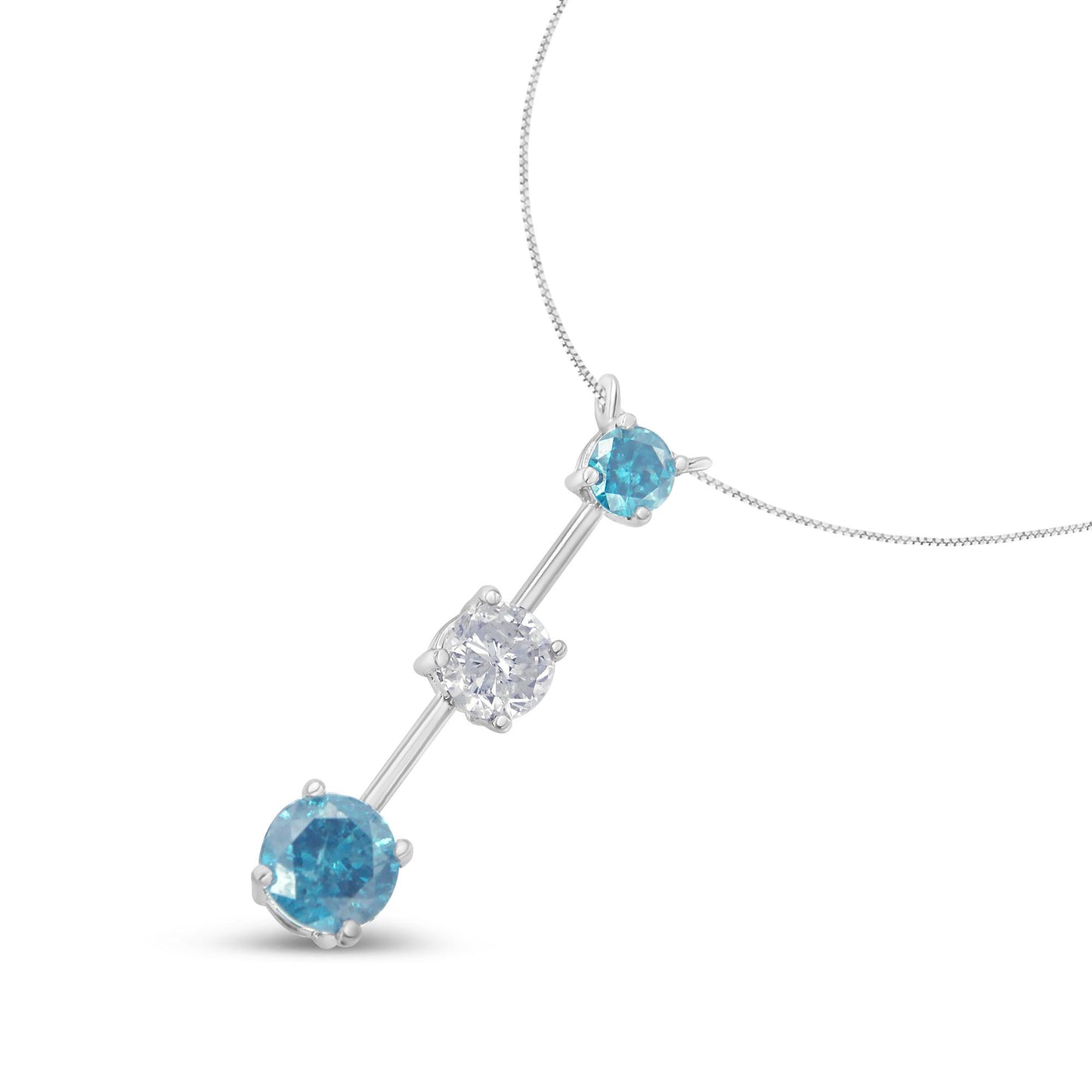 White necklace with a vertical bar pendant featuring one white gemstone and two blue gemstones, shown at a slight angle.