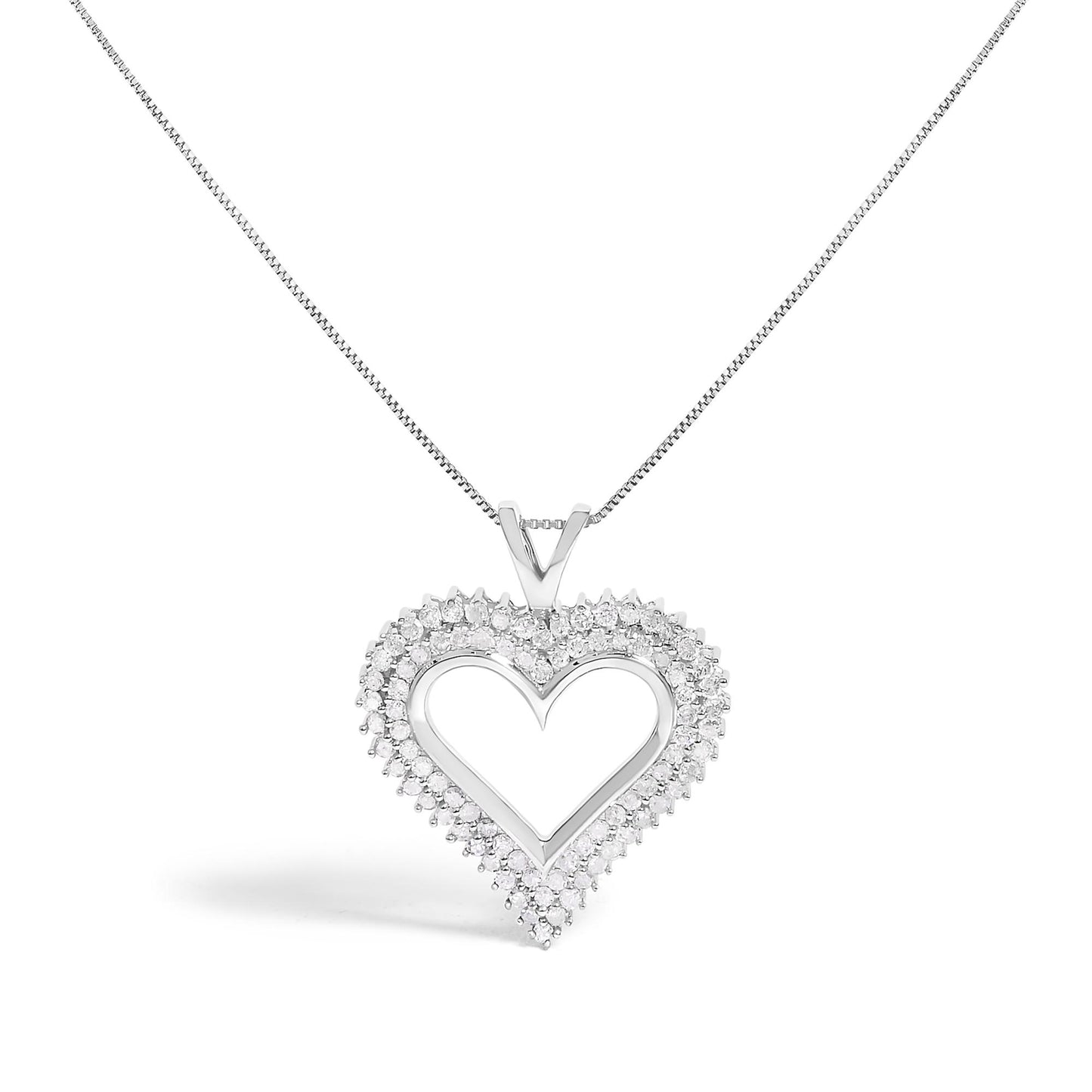 Front-facing view of a white metal heart-shaped pendant necklace with two rows of round white gemstones in prong settings along the outer heart edge.