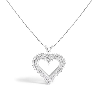 Front-facing view of a white metal heart-shaped pendant necklace with two rows of round white gemstones in prong settings along the outer heart edge.