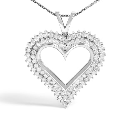Close-up front view of a white metal heart-shaped necklace pendant with round white gemstones in a prong setting surrounding the heart outline.