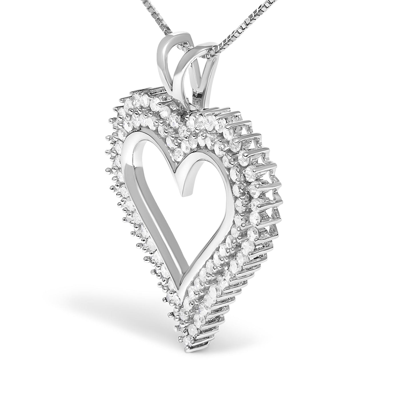 Close-up angled view of a white metal heart-shaped necklace pendant with round white gemstones in prong settings surrounding the open center.