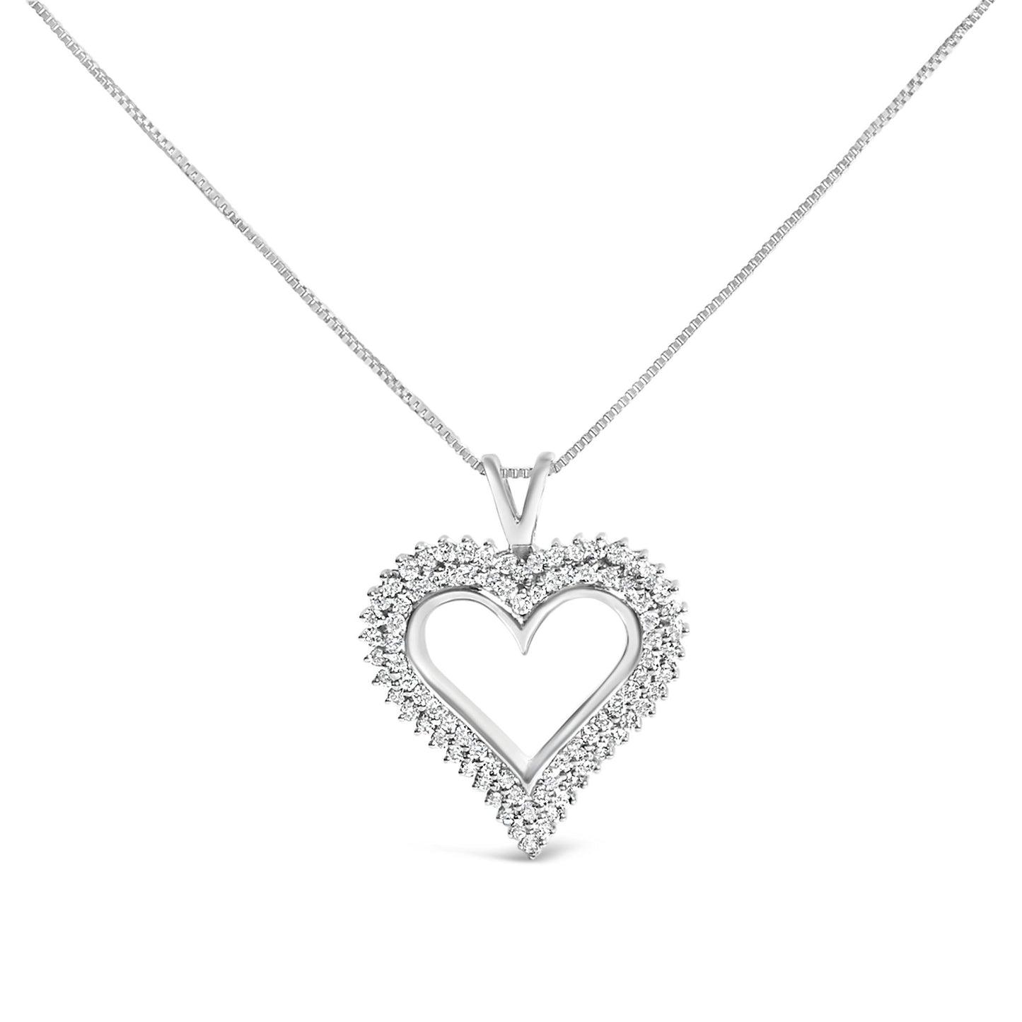 Front angle view of a white heart-shaped necklace pendant with round white gemstones in a shared prong setting along the edges, hanging from a white chain.