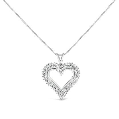 Front angle view of a white heart-shaped necklace pendant with round white gemstones in a shared prong setting along the edges, hanging from a white chain.