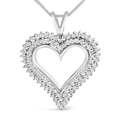 Close-up front view of a white metal heart-shaped necklace pendant outlined with round white gemstones in shared prong setting.