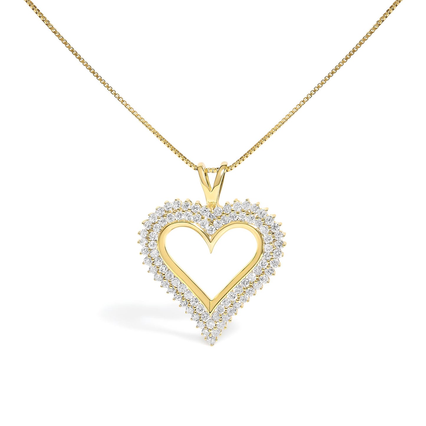 Front angle shot of a yellow metal heart-shaped necklace pendant outlined with round white gemstones and hanging from a yellow metal chain.