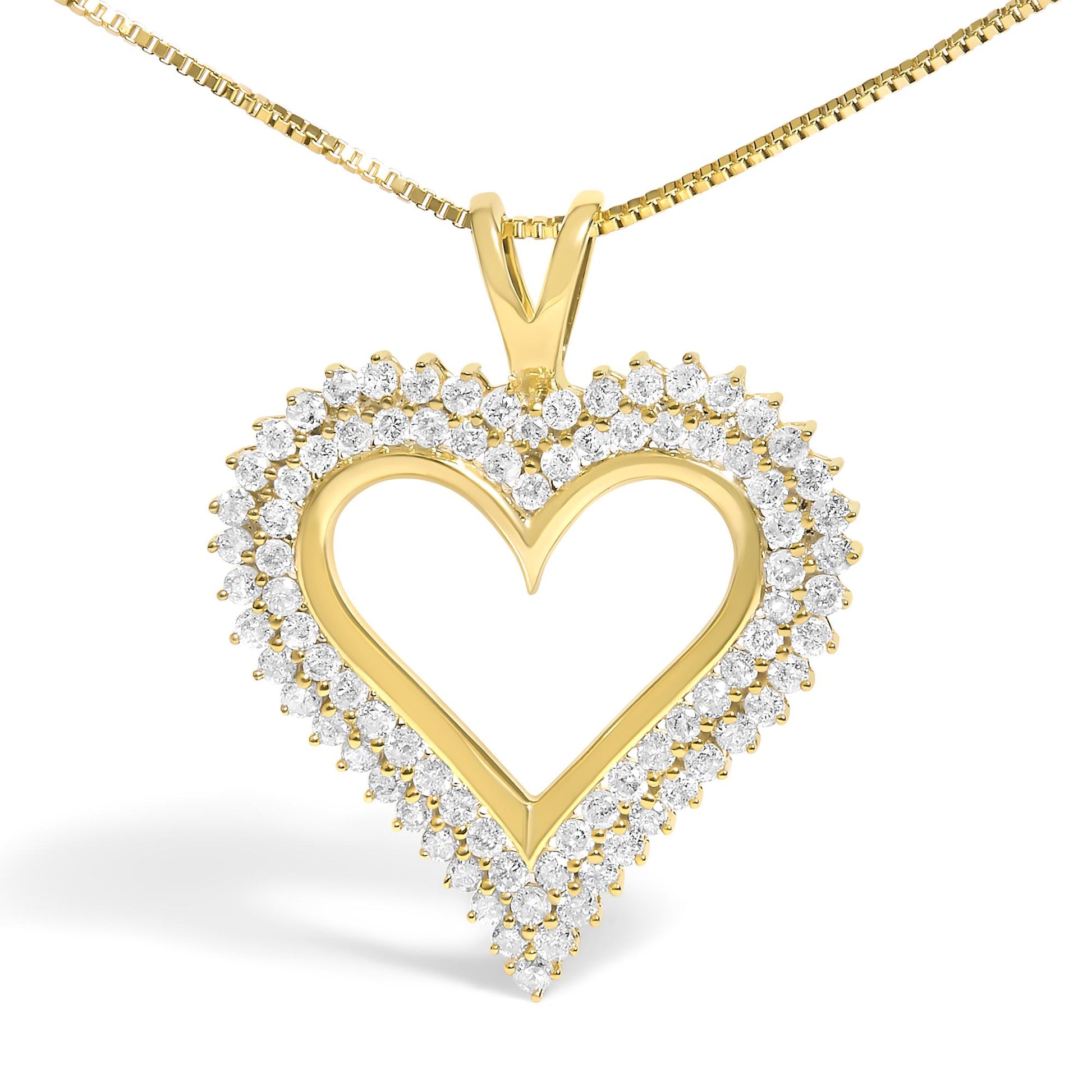 Yellow metal heart-shaped pendant necklace with two rows of round white gemstones in prong settings, shown at a slight angle.