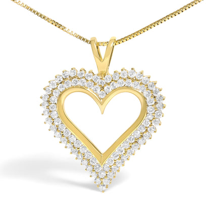 Yellow metal heart-shaped pendant necklace with two rows of round white gemstones in prong settings, shown at a slight angle.