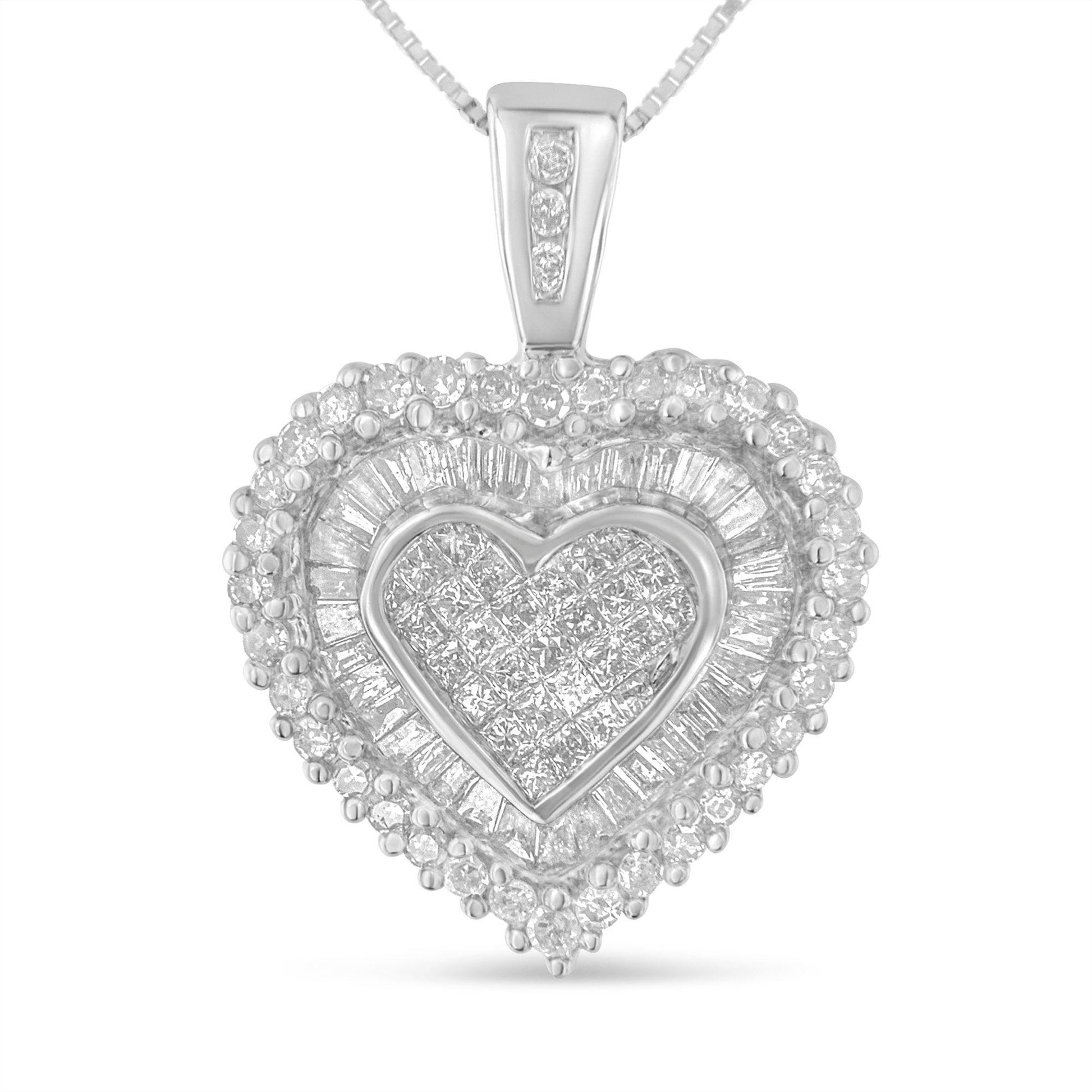 Front-facing view of a white heart-shaped necklace pendant adorned with round, baguette, and princess-shaped white gemstones in prong and channel settings.