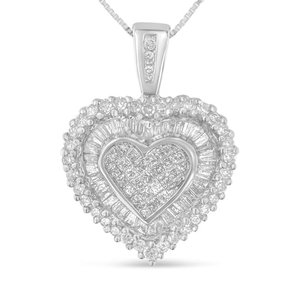 Front-facing view of a white heart-shaped necklace pendant adorned with round, baguette, and princess-shaped white gemstones in prong and channel settings.