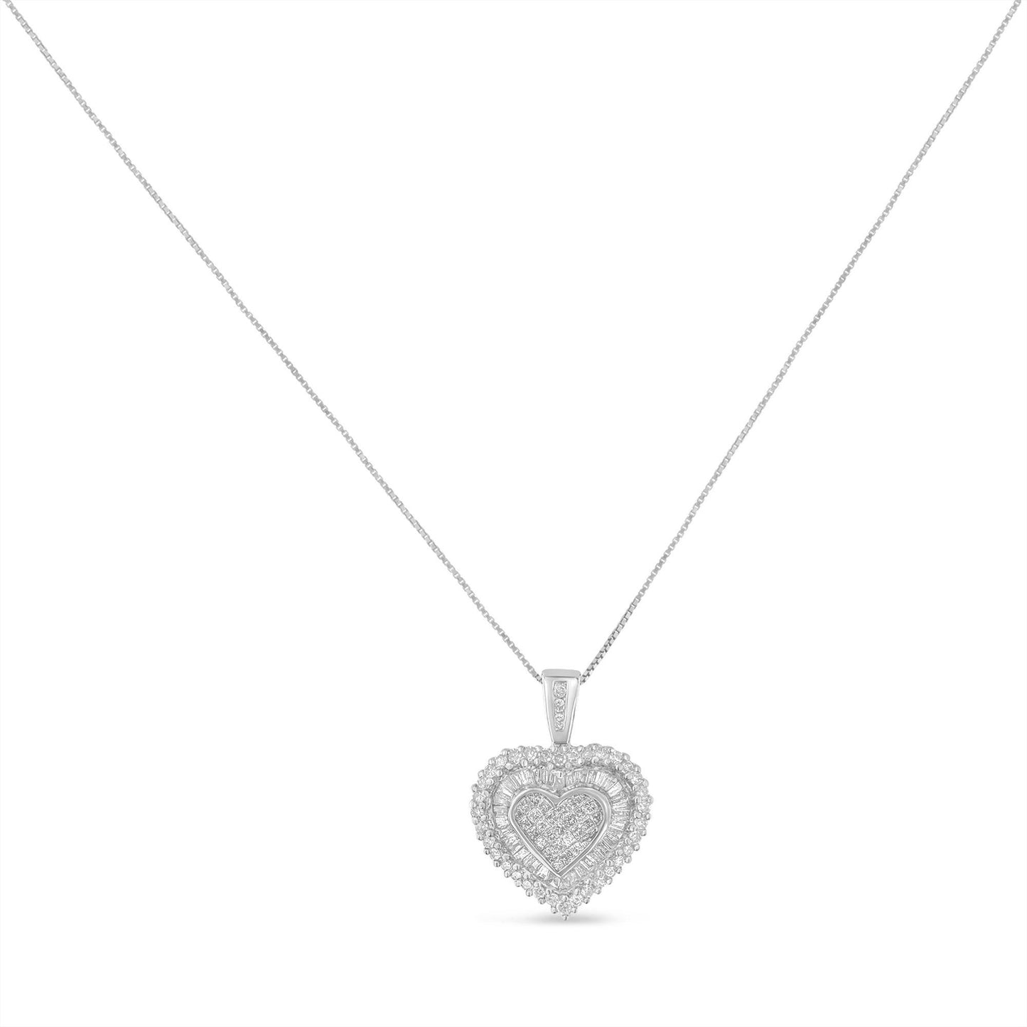 Front-facing shot of a white metal necklace with a heart-shaped pendant featuring round, baguette, and princess-shaped white gemstones.