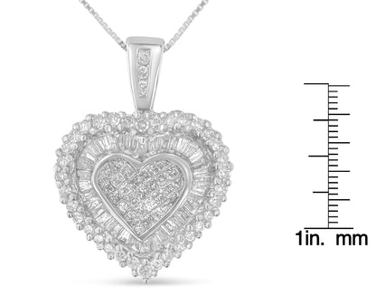 Front-facing shot of a white metal heart-shaped necklace pendant with layered white gemstones in round, baguette, and princess shapes, shown next to a ruler for size reference.