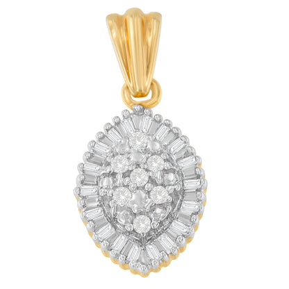 Front-facing close-up of a yellow metal necklace pendant with white round prong-set gemstones clustered in the center and white baguette channel-set gemstones surrounding them in a teardrop shape.