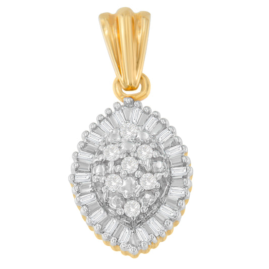 Front-facing close-up of a yellow metal necklace pendant with white round prong-set gemstones clustered in the center and white baguette channel-set gemstones surrounding them in a teardrop shape.