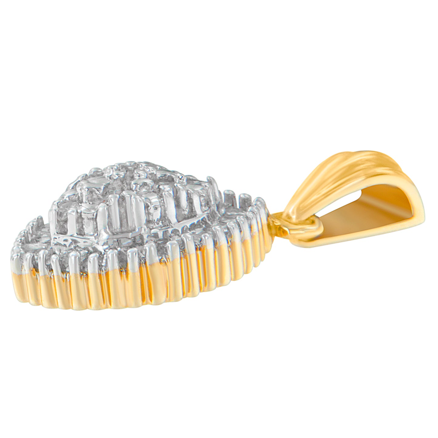 Close-up side angle of a yellow metal necklace pendant with round and baguette white gemstones in prong and channel settings.