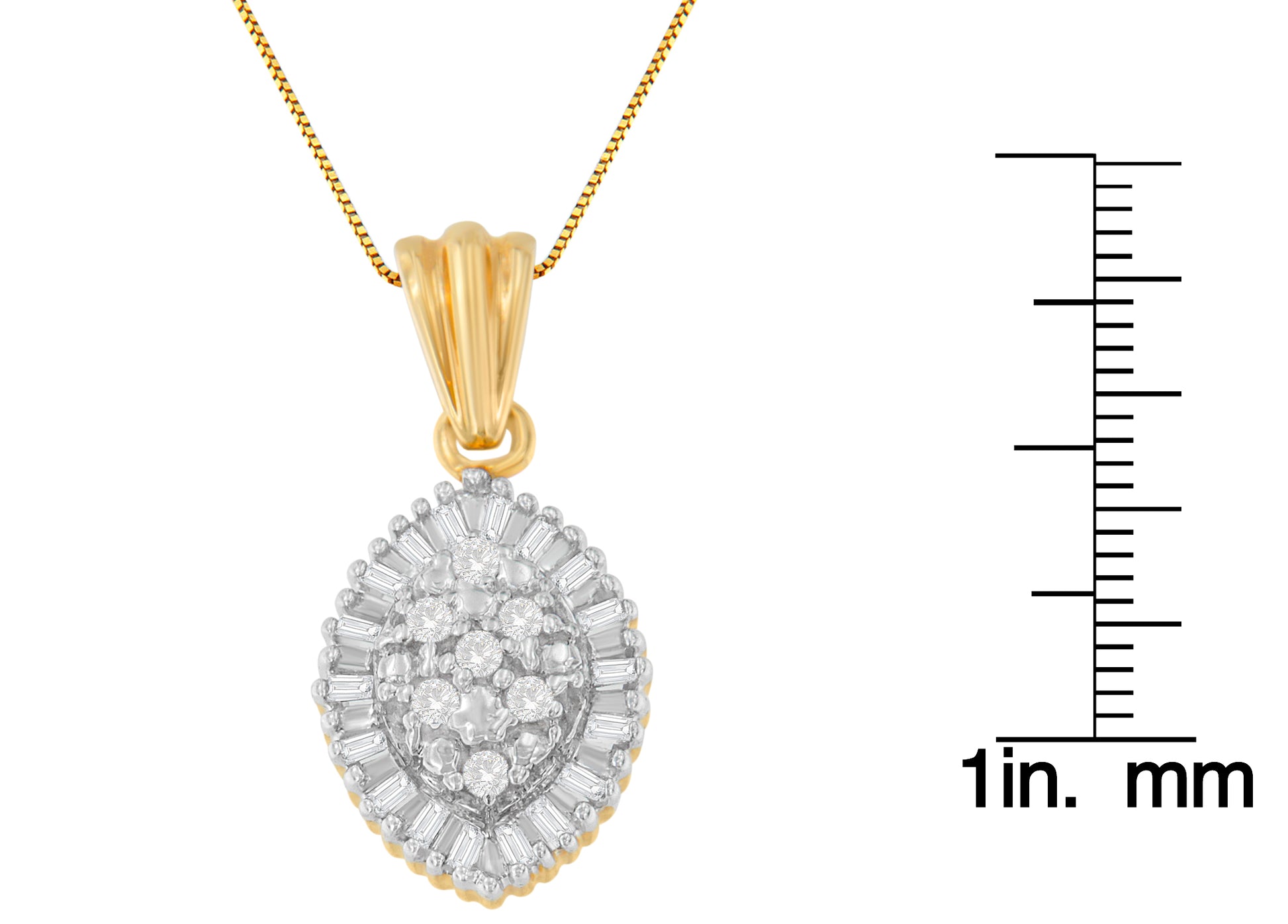 Yellow metal necklace with a pendant featuring round white gemstones in prong settings and baguette white gemstones in a channel setting, shown close-up with a ruler for size reference.