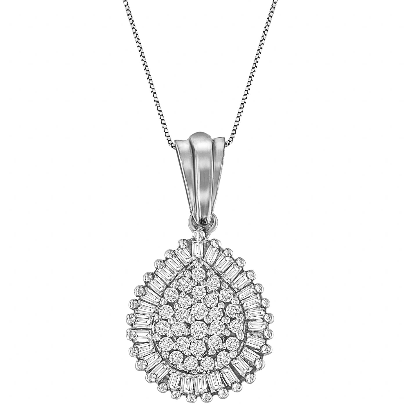 Front-facing shot of a white metal teardrop-shaped necklace pendant adorned with round prong-set white gemstones in the center and baguette channel-set white gemstones forming a border, hanging from a thin chain.