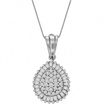Front-facing shot of a white metal teardrop-shaped necklace pendant adorned with round prong-set white gemstones in the center and baguette channel-set white gemstones forming a border, hanging from a thin chain.