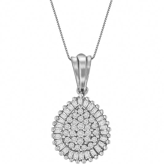 Front-facing shot of a white metal teardrop-shaped necklace pendant adorned with round prong-set white gemstones in the center and baguette channel-set white gemstones forming a border, hanging from a thin chain.