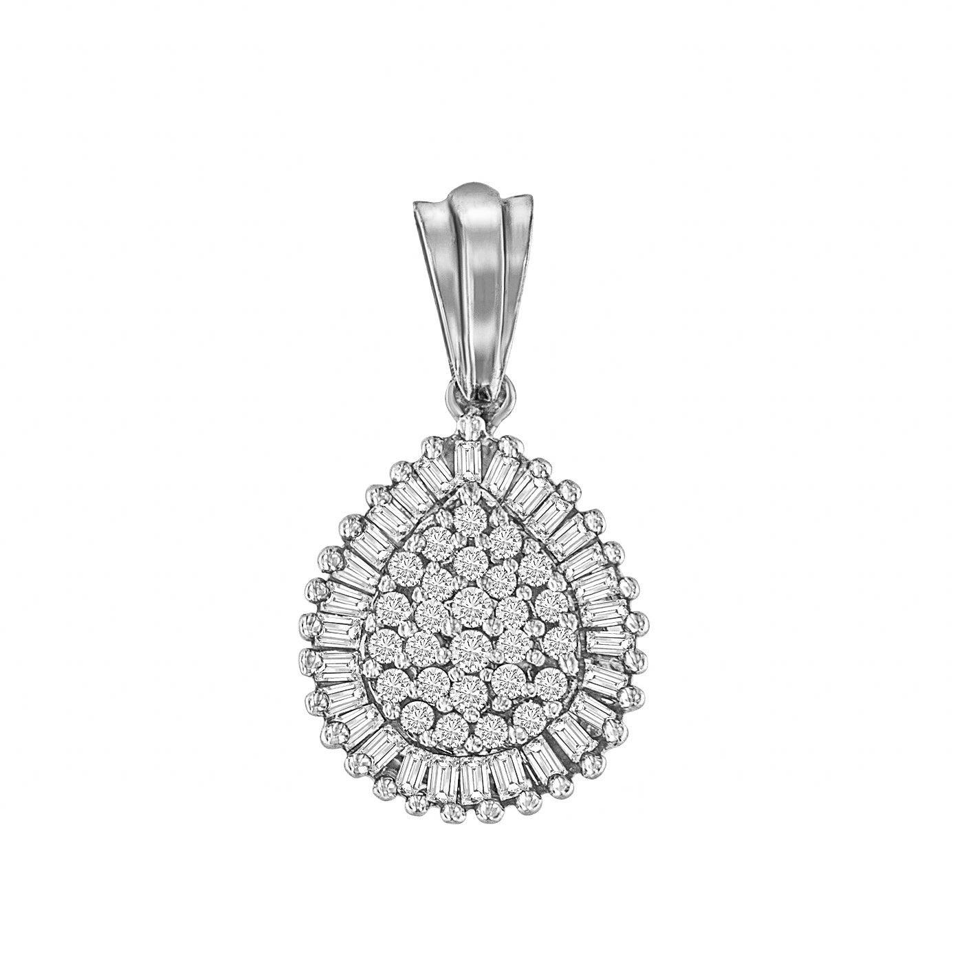 Front view of a white metal teardrop-shaped necklace pendant featuring round white gemstones in prong settings clustered in the center and surrounded by baguette white gemstones in channel settings.