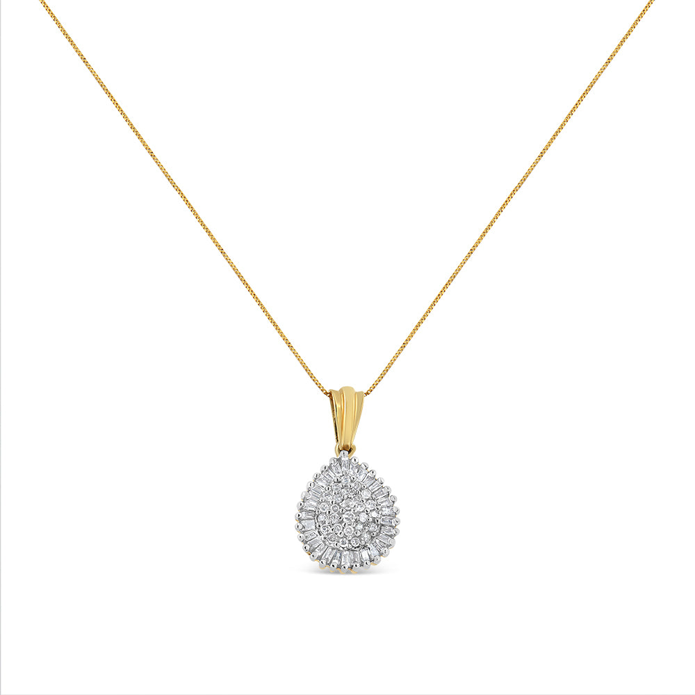 Front-facing shot of a yellow metal necklace with a teardrop-shaped pendant featuring round prong-set white gemstones clustered in the center and surrounded by baguette channel-set white gemstones.