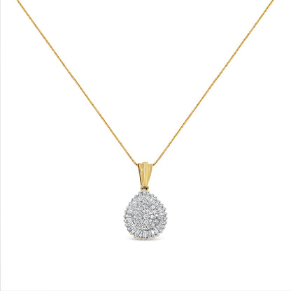 Front-facing shot of a yellow metal necklace with a teardrop-shaped pendant featuring round prong-set white gemstones clustered in the center and surrounded by baguette channel-set white gemstones.