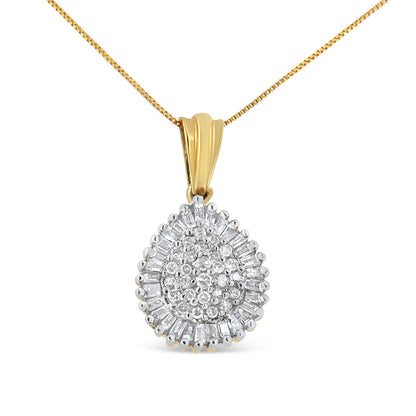 Front view of a yellow metal necklace with a teardrop-shaped pendant featuring white round gemstones in prong settings clustered in the center, surrounded by white baguette gemstones in channel settings.