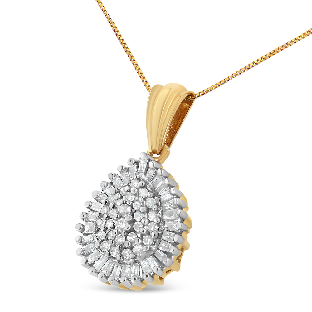 Yellow metal necklace with a teardrop-shaped pendant shown at a slightly angled front view, featuring round white gemstones in prong settings clustered in the center and surrounded by baguette-shaped white gemstones in channel settings.